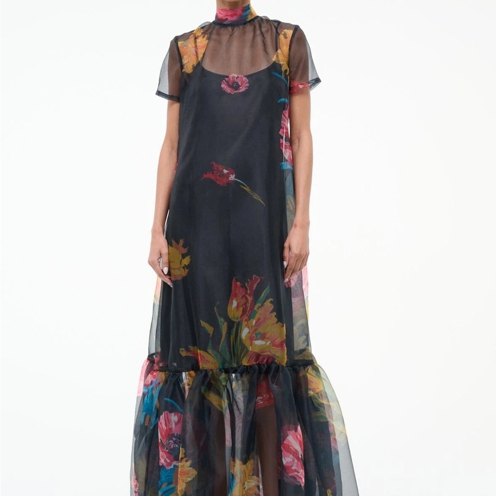STAUD Black Sheer Floral Maxi Dress with Multicolor Blooms
